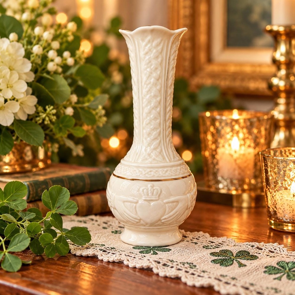 Vintage Belleek Claddagh Bud Vase Irish Porcelain 6in White Gold Celtic